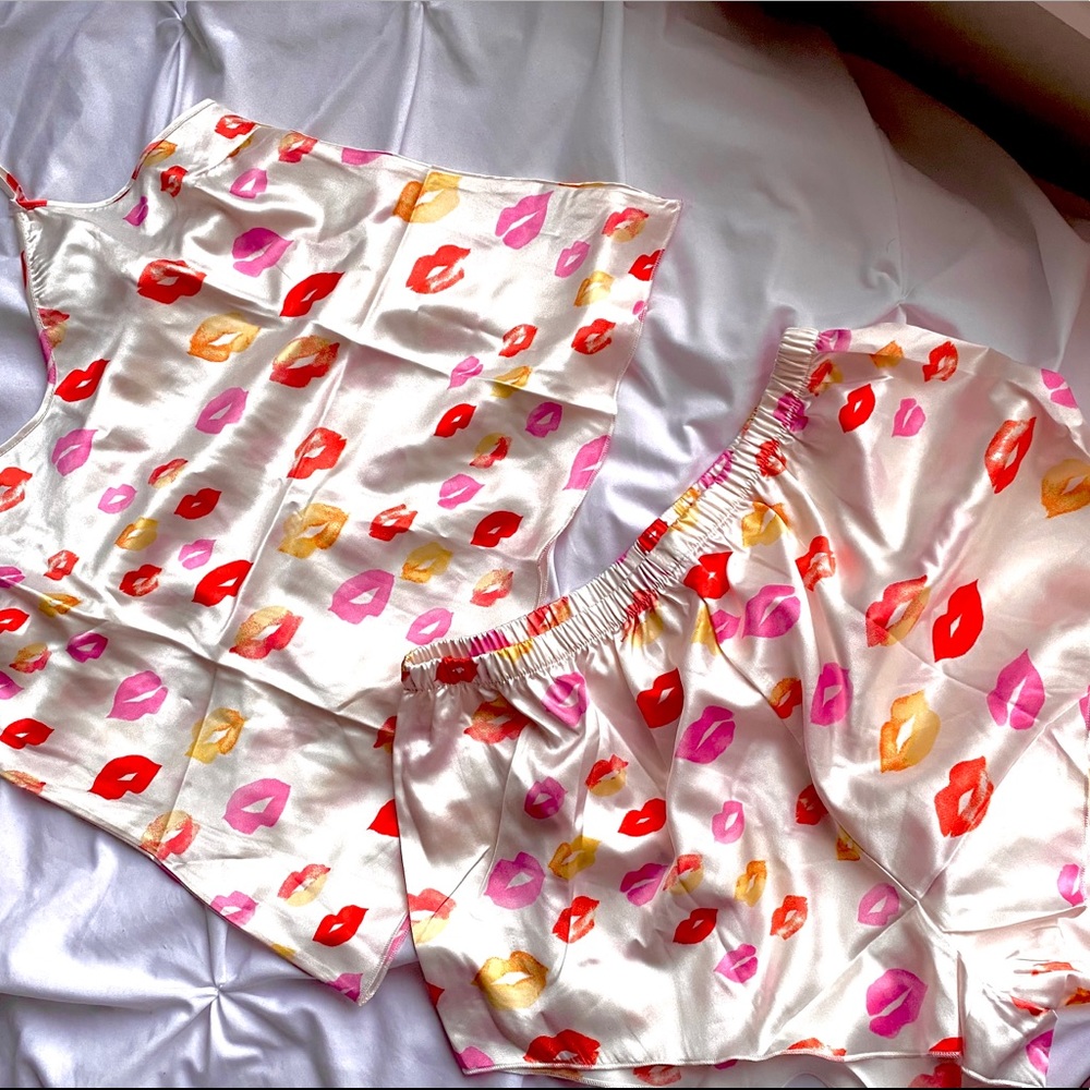 Cute Lip Print Satin Cami PJ Short Set